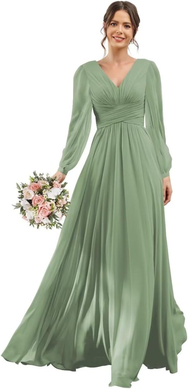 YOFF V-Neck Long Sleeves Bridesmaid Dresses Long with Slit Pleated Chiffon A-line Formal Party Dresses with Pockets YO090