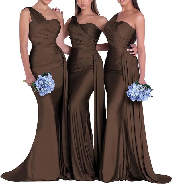 OYI Women's One Shoulder Mermaid Bridesmaid Dresses Long Ruched Bodycon Satin Formal Prom Gowns YZTS068