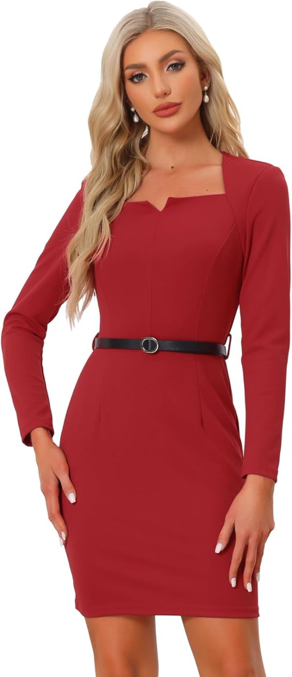 Allegra K Elegant Office Dress for Women's Belted Square Neck Bodycon Dress