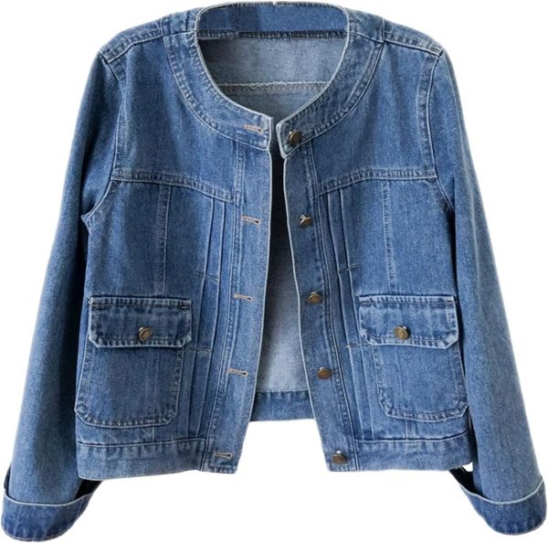 BlueFire2015 Women’s Collarless Long Sleeve Denim Jacket Round Neck Button Down Jean Jackets