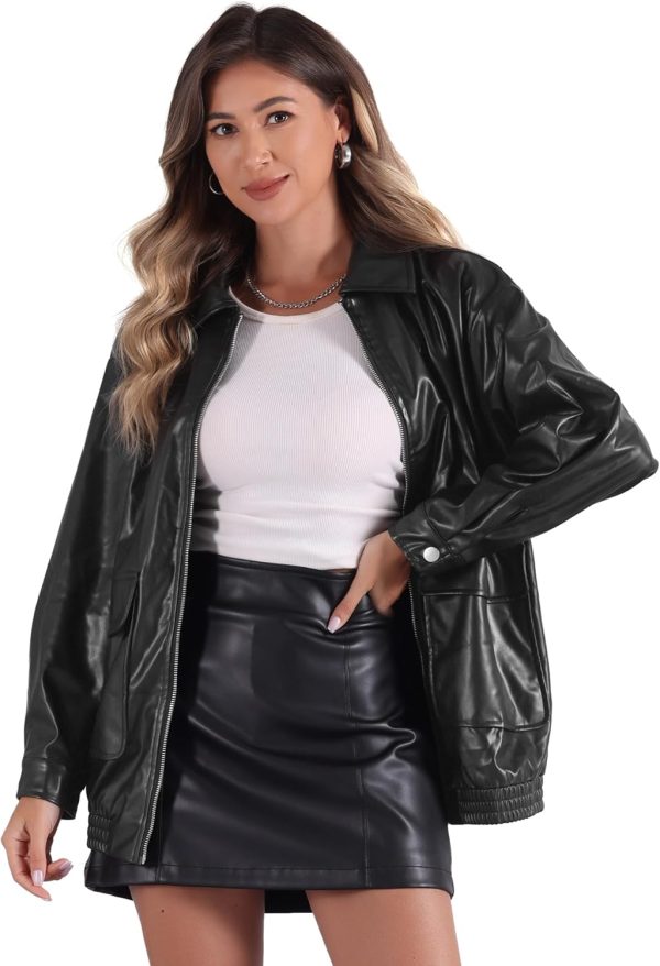 Allegra K PU Biker Jacket for Women's Zipper Faux Leather Oversized Jacket