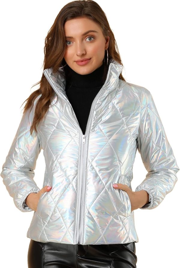 Allegra K Women's Christmas Puffer Jacket Holographic Shiny Metallic Jacket