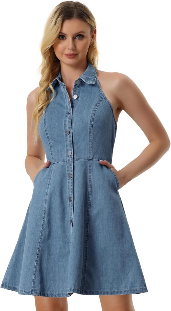 Allegra K Denim Dresses for Women's Button Down Sleeveless Halter Neck Jean Dress