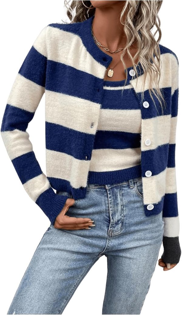 MakeMeChic Women's 2 Piece Outfit Striped Cami Crop Top and Button Down Long Sleeve Knit Cardigan Set