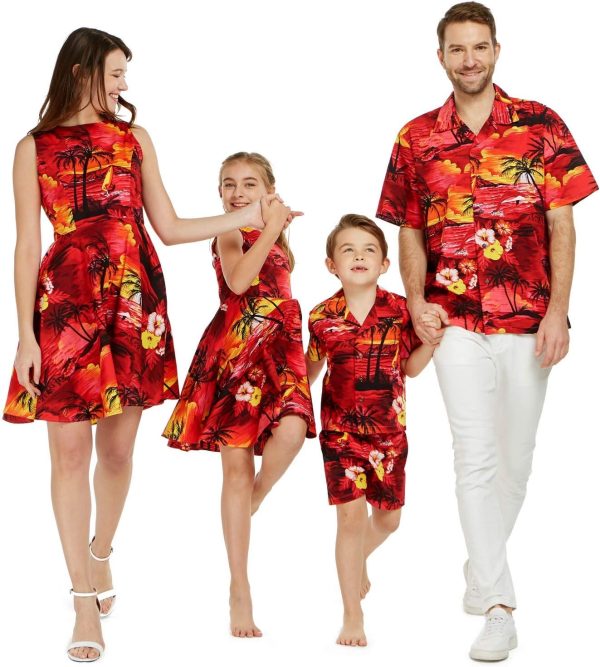 Matchable Family Hawaiian Luau Men Women Girl Boy Clothes in Sunset Red