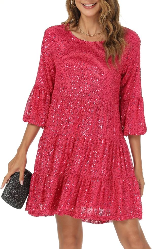 Kedera Women's Short Sleeves Crew Neck Sequin Mini Babydoll Dress Cocktail Party Club Tiered Dress